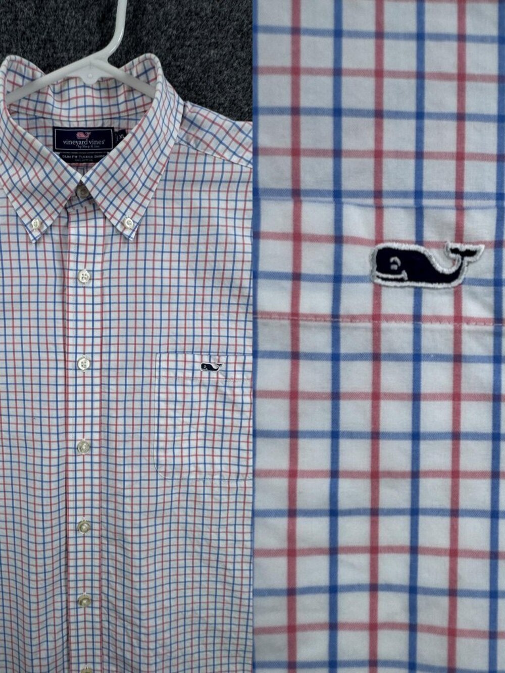 Vineyard Vines Button-Down Mens Slim Fit Tucker Logo White Blue Check XL Casual